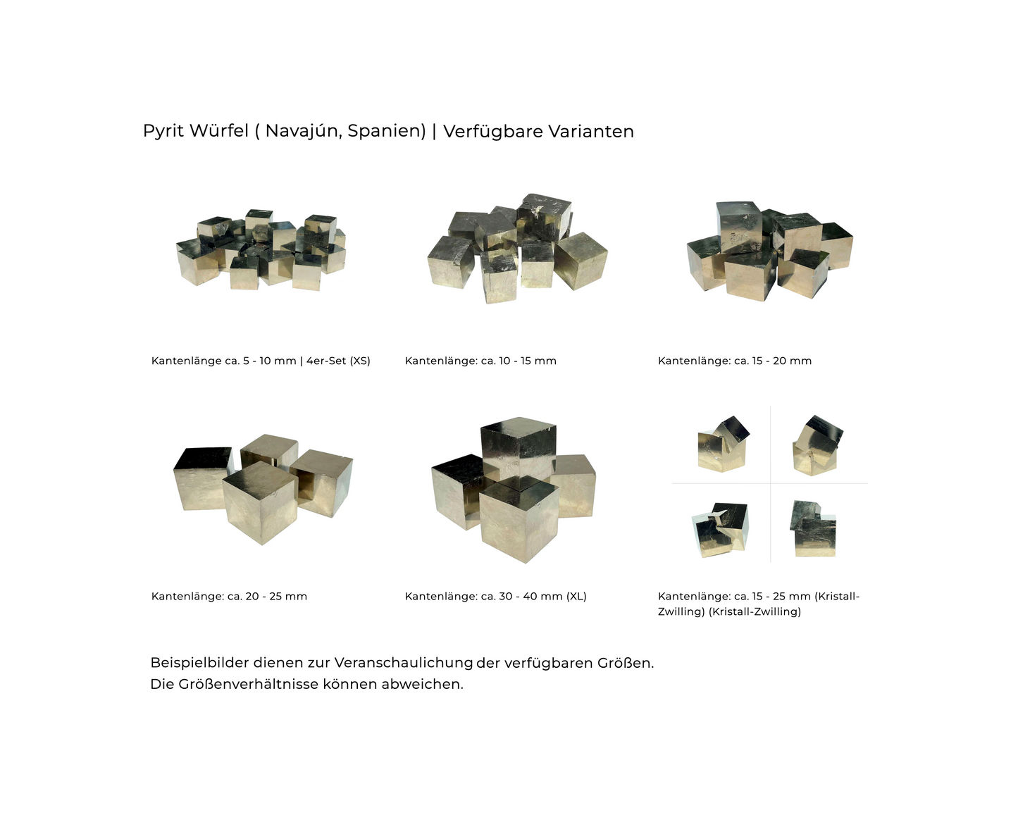 Pyrit Würfel im Größenvergleich