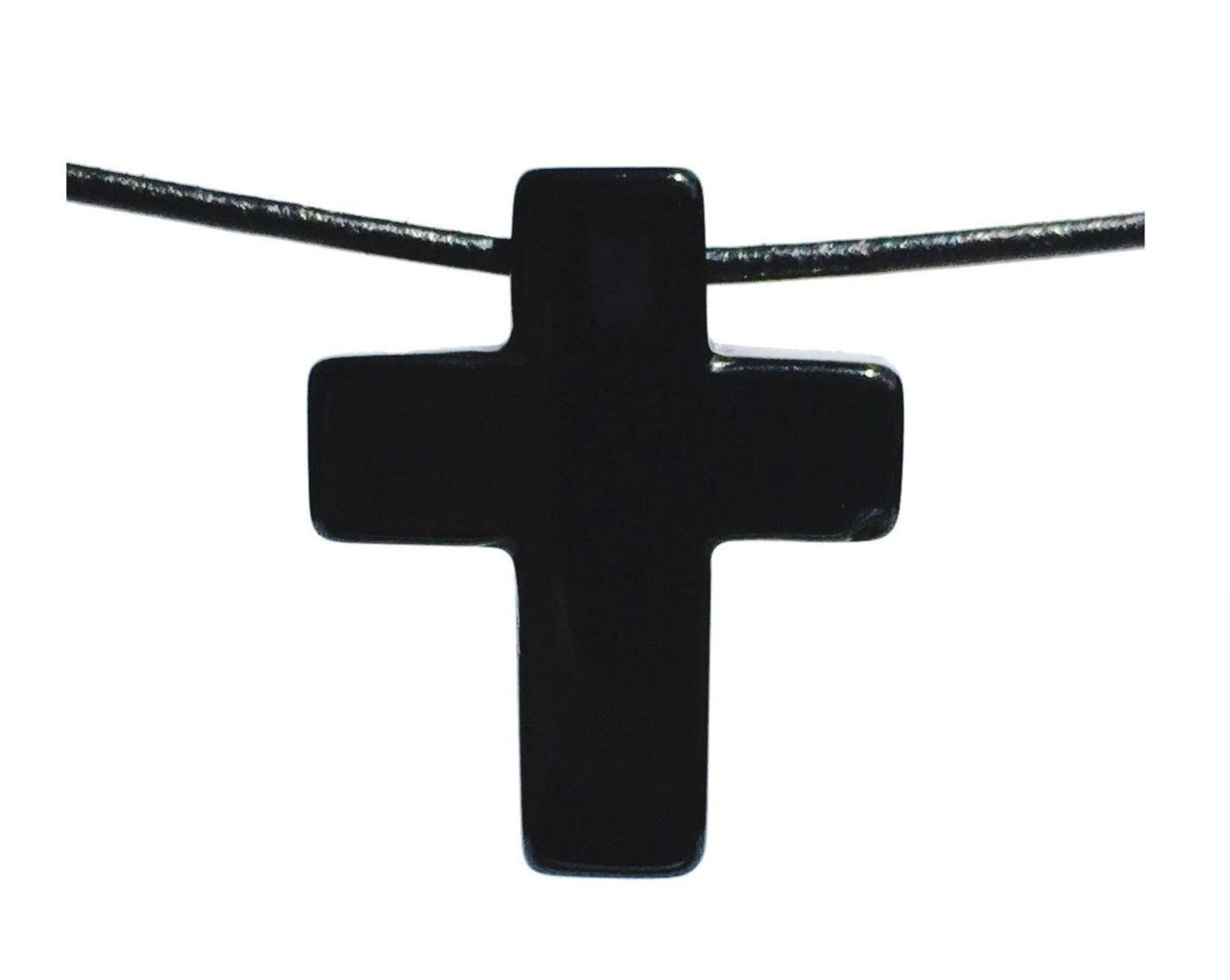 Vorderansicht: Obsidian Kreuz gebohrt mit Band