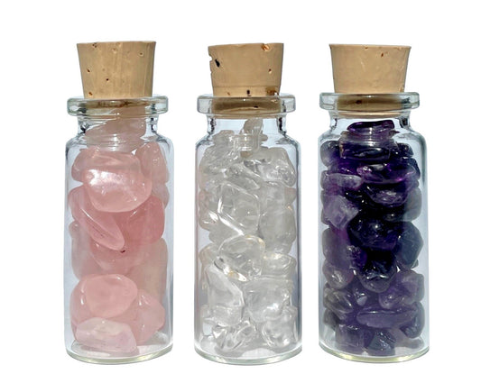 Amethyst Bergkristall Rosenquarz - 3er-Set Trommelsteine Dekoglas - Geschenkidee